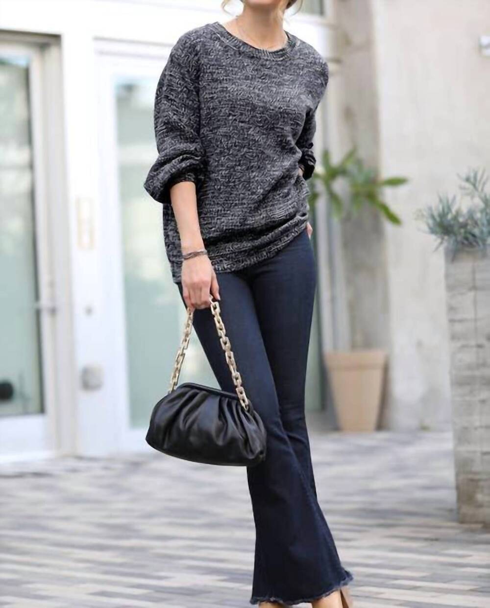 NEW ZENANA melange crewneck sweater in charcoal